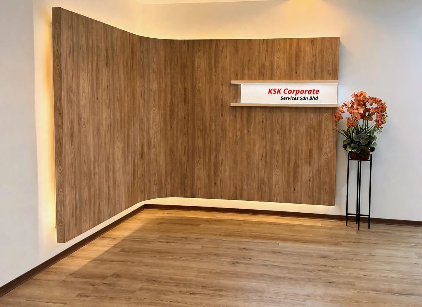 KSK Corporate Services reception, with the company sign on a curved timber wall, iCom Square, Kuching